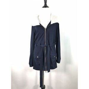 Saturday Sunday Anthropologie Zip Up Jacket M Fleece‎ Lined Hood Blue